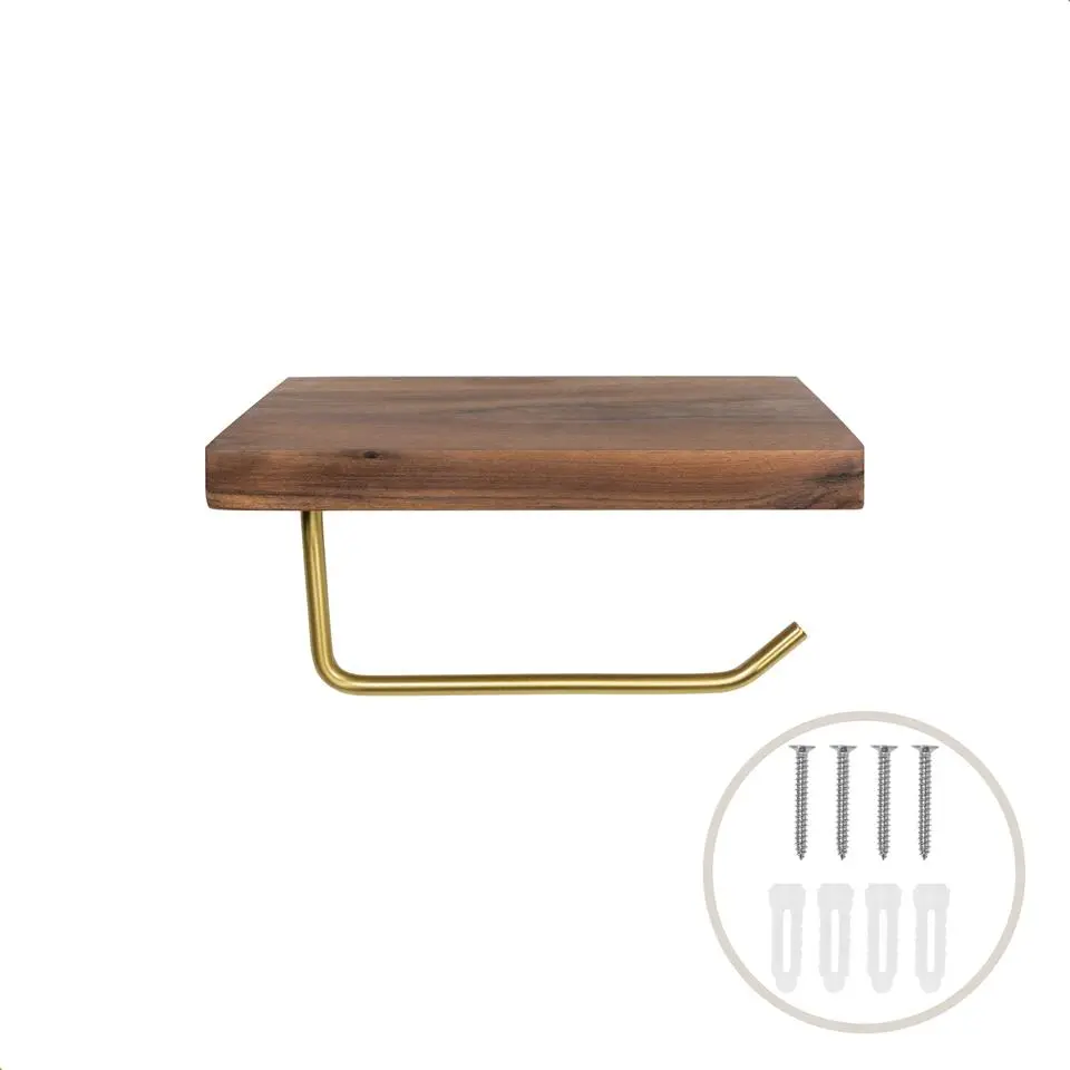 QUVIO Toiletrolhouder metaal met telefoon plank - Donker hout goud