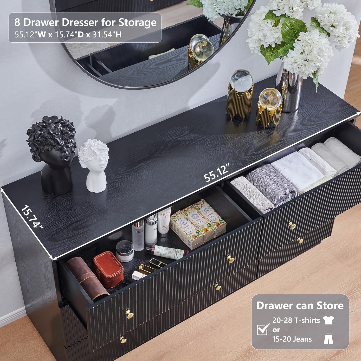 Fluted Dresser for bedroom, 55W Black 8 Drawer Dressers, Wood Tall Dresser Storage Organizer, Modern Bedroom Chest of Drawers with Deep Storage for Closet Hallway, Entryway, Living Room Black