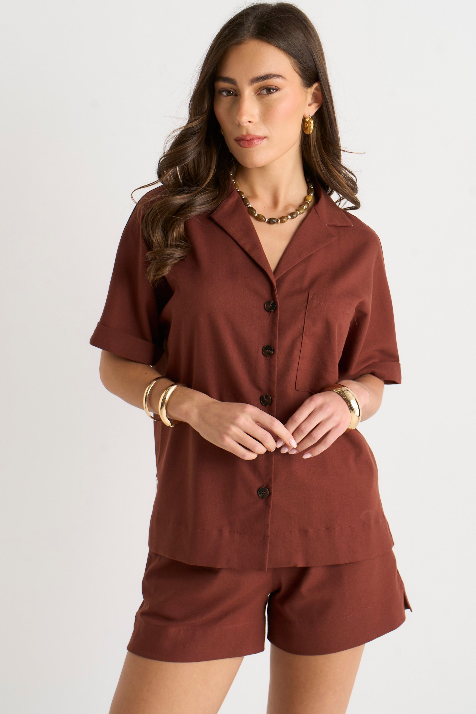 Gini London Chocolate Linen Mix Oversized Button Through Shirt