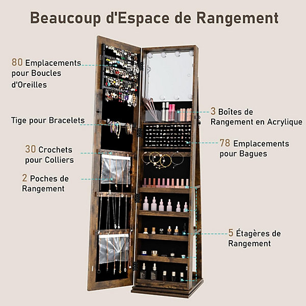 Armoire a Bijoux avec Miroir Pleine Longueur, Armoire a Bijoux sur Pied Pivotante avec 8 Ampoules,étagères Arrière,Marron Rustique