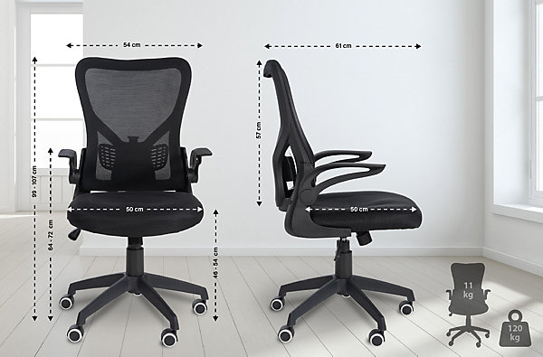 Hudson chaise de bureau ergonomique, soutien lombaire, pivotante, piétement, accoudoirs, capacité de charge 120 kg Noir