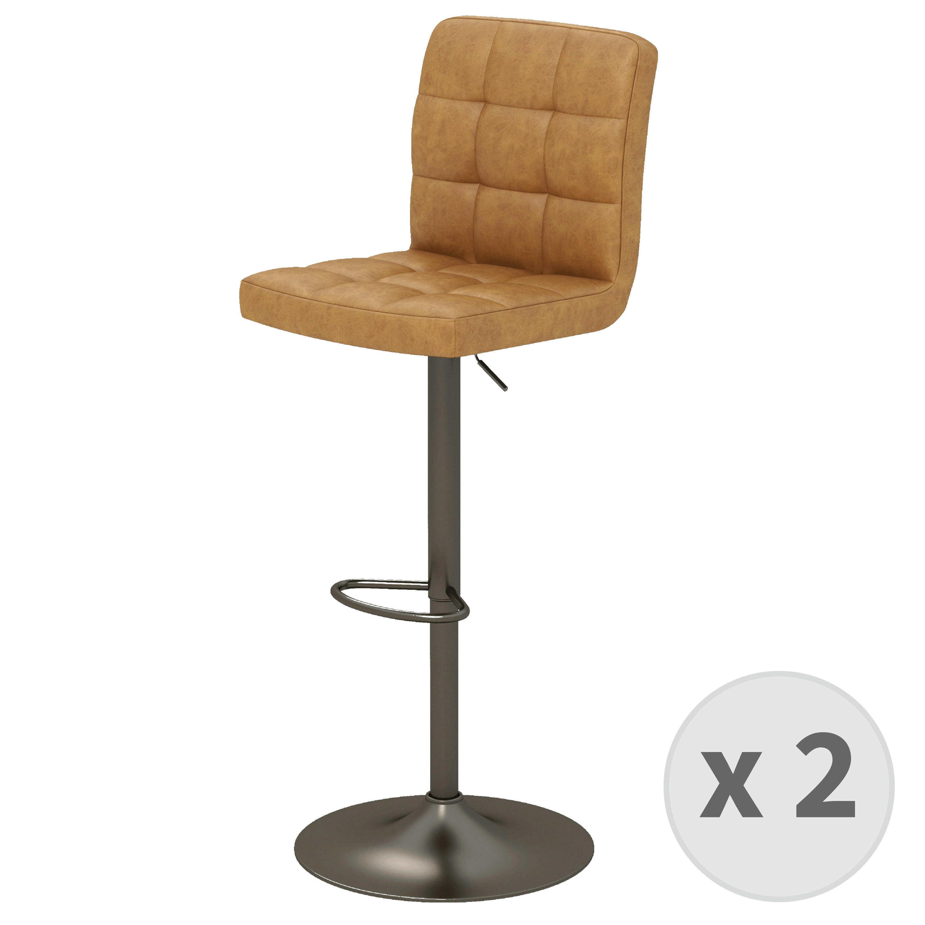 SQUAR - Tabouret de bar en cuir synthétique Camel- gris bronze (x2)