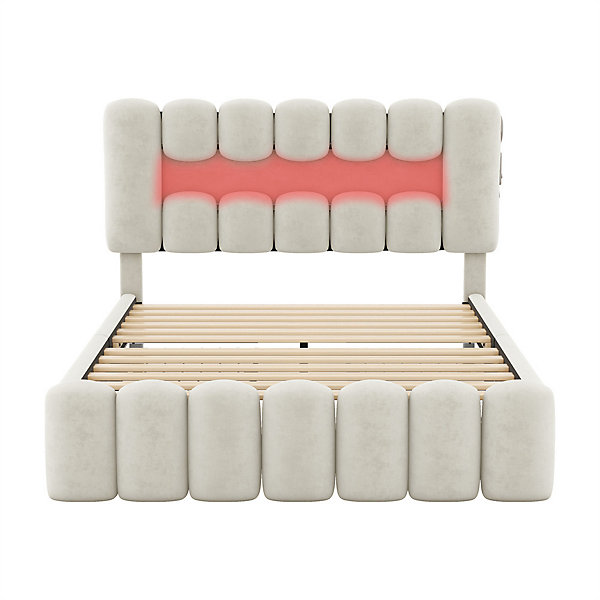 Lit adulte lit 140x200 cm lit rembourré avec barre lumineuse led lit 4 tiroirs avec usb et chaîne stéréo lit double velours beige