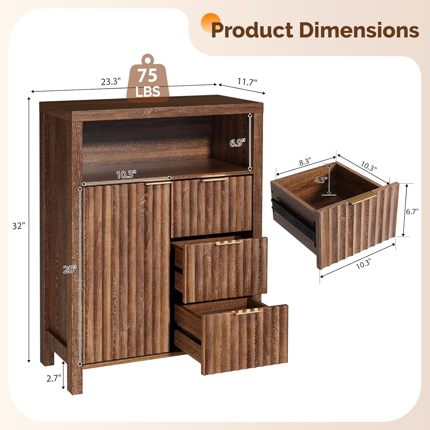 VINGLI Bathroom Floor Storage Cabinet with 3 Drawers, Modern 32 Freestanding Short Storage Organizer with Fluted Door & Adjustable Shelf, 12 Inch Deep Walnut Wooden Console for Small Space