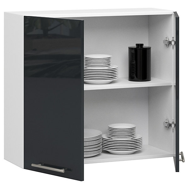 Meuble de cuisine suspendue : 2 portes, 2 étagères, blanc / gris graphite, 80 x 72 x 30 cm