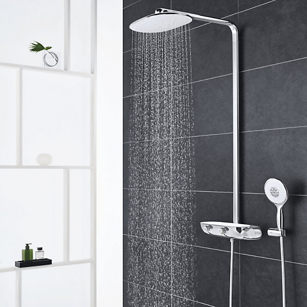 Colonne de douche thermostatique GROHE Rainshower System SmartControl Mono 360 Blanc/chromé   Tablette douche d'angle Start Cube