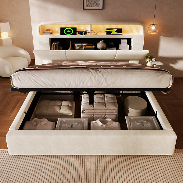 Lit coffre 180x200 cm double avec LED intégrée, tête de lit réglable, charge USB/Type-C, velours beige - Sans matelas