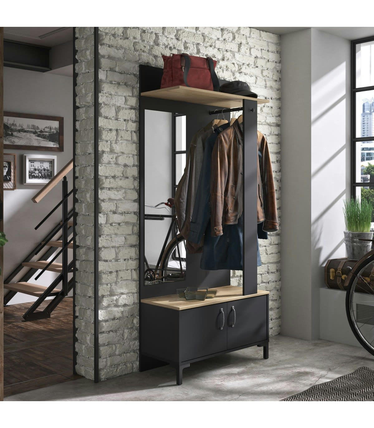 - Vestiaire d'entrée noir 2 portes et un miroir