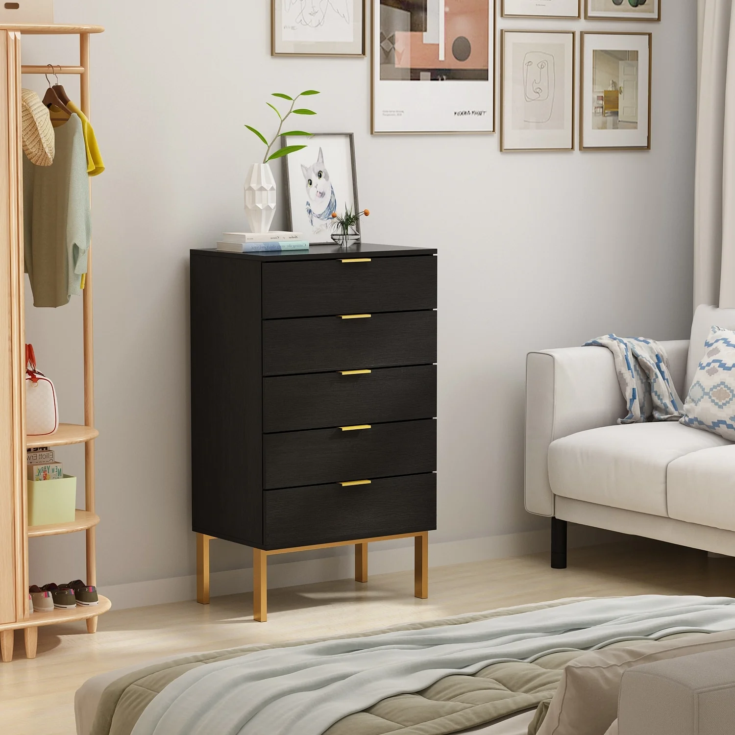 5 Drawer Dresser Chest of Drawers with Metal Leg Wood Dresser Storage