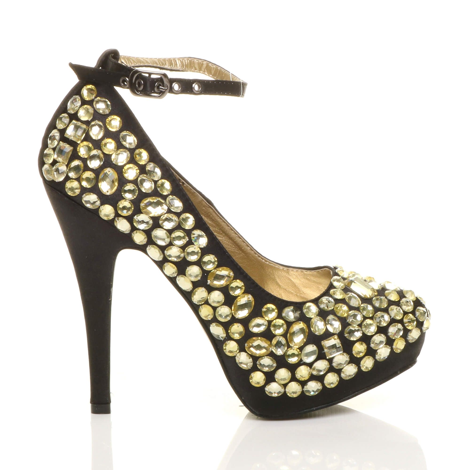 AJVANI High Heel Ankle Strap Gem Court Shoes