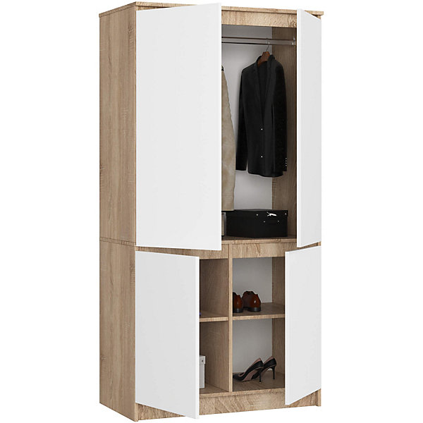 Armoire AKORD S90 Chêne Sonoma 90 cm 4 portes façade Blanche 4 étagères 90x51x180 cm