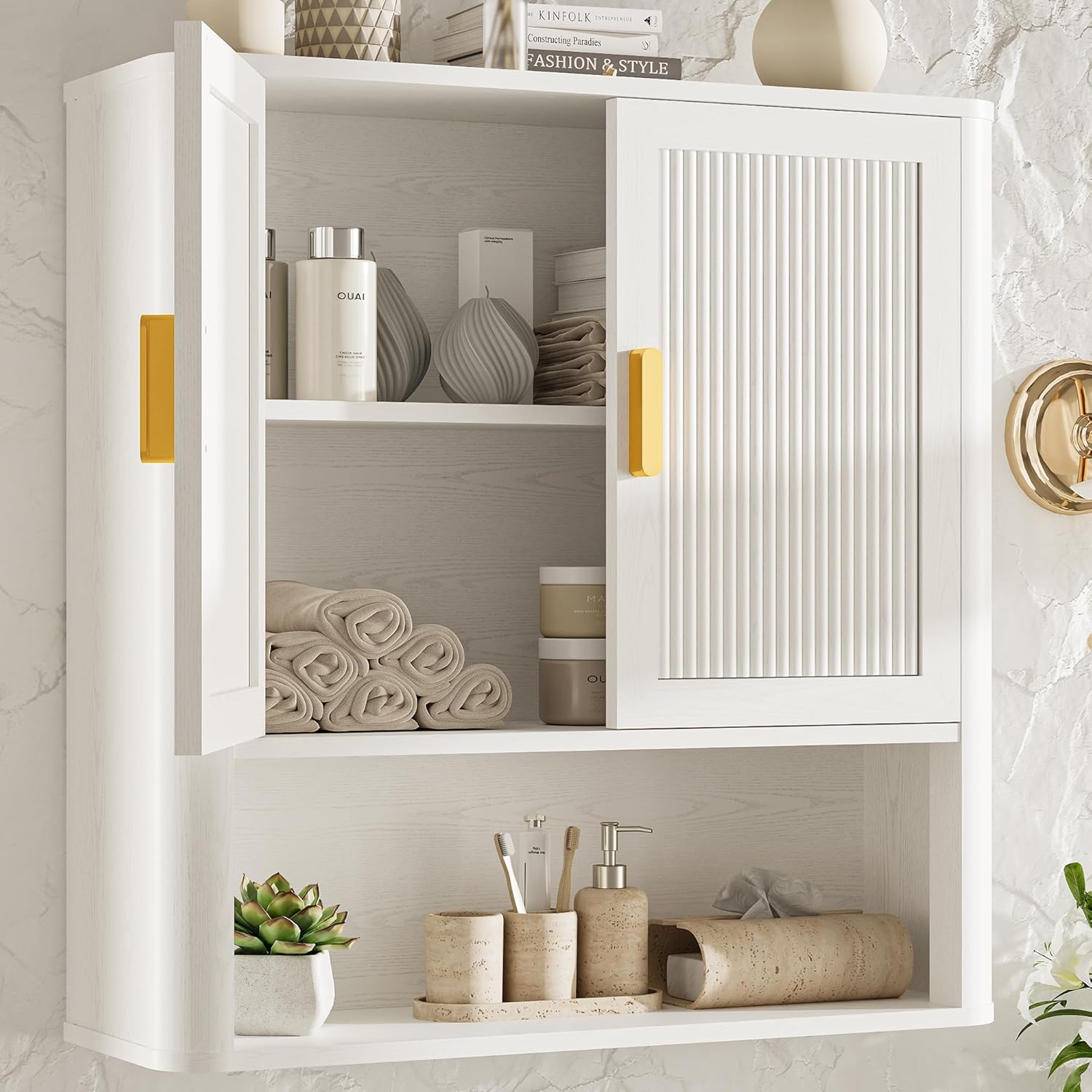 INNOD Bathroom Wall Cabinet, Wall-Mounted Medicine Cabinet with Adjustable Wood Shelf & Doors, Floating Bathroom Cabinet Over Toilet for Laundry Room & Kitchen & Living Room (White)