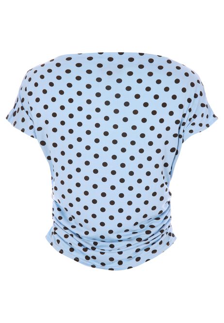 Womens Blue and Brown Polka Dot Drape Top
