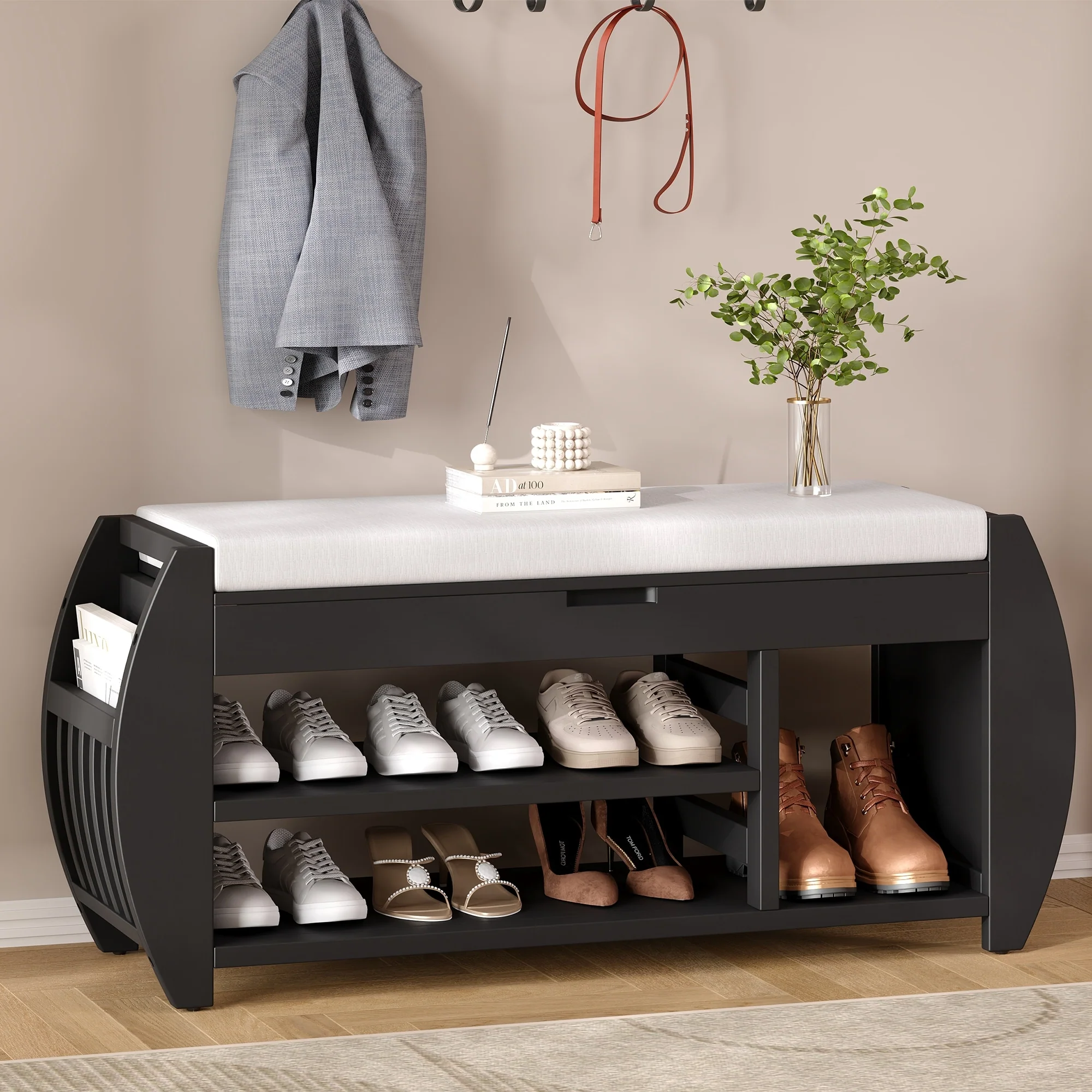 Multifunctional Storage Bench with Cushion and Curved Side Panel for Entrance and Living Room