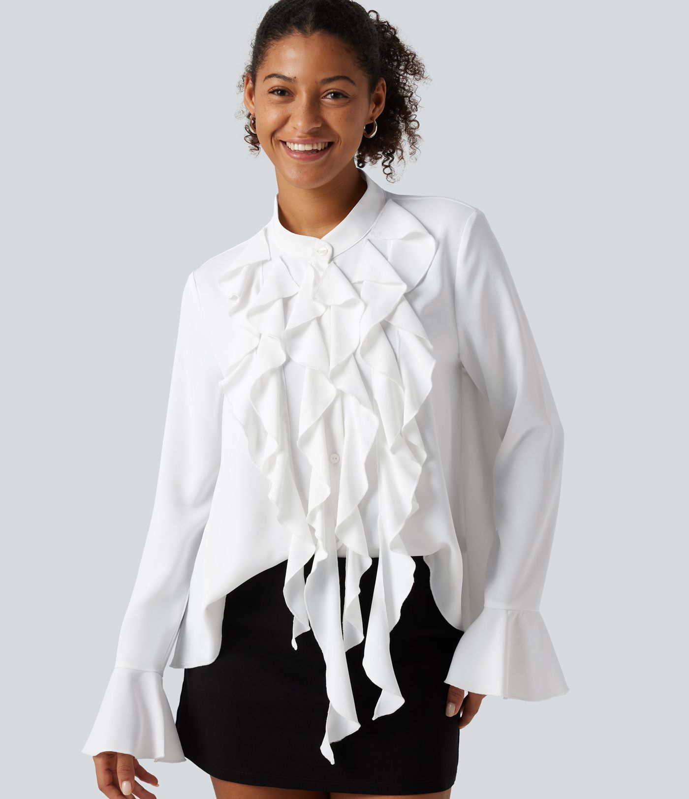 Chemise de soirée à défroissage facile avec col montant, volants et manches longues