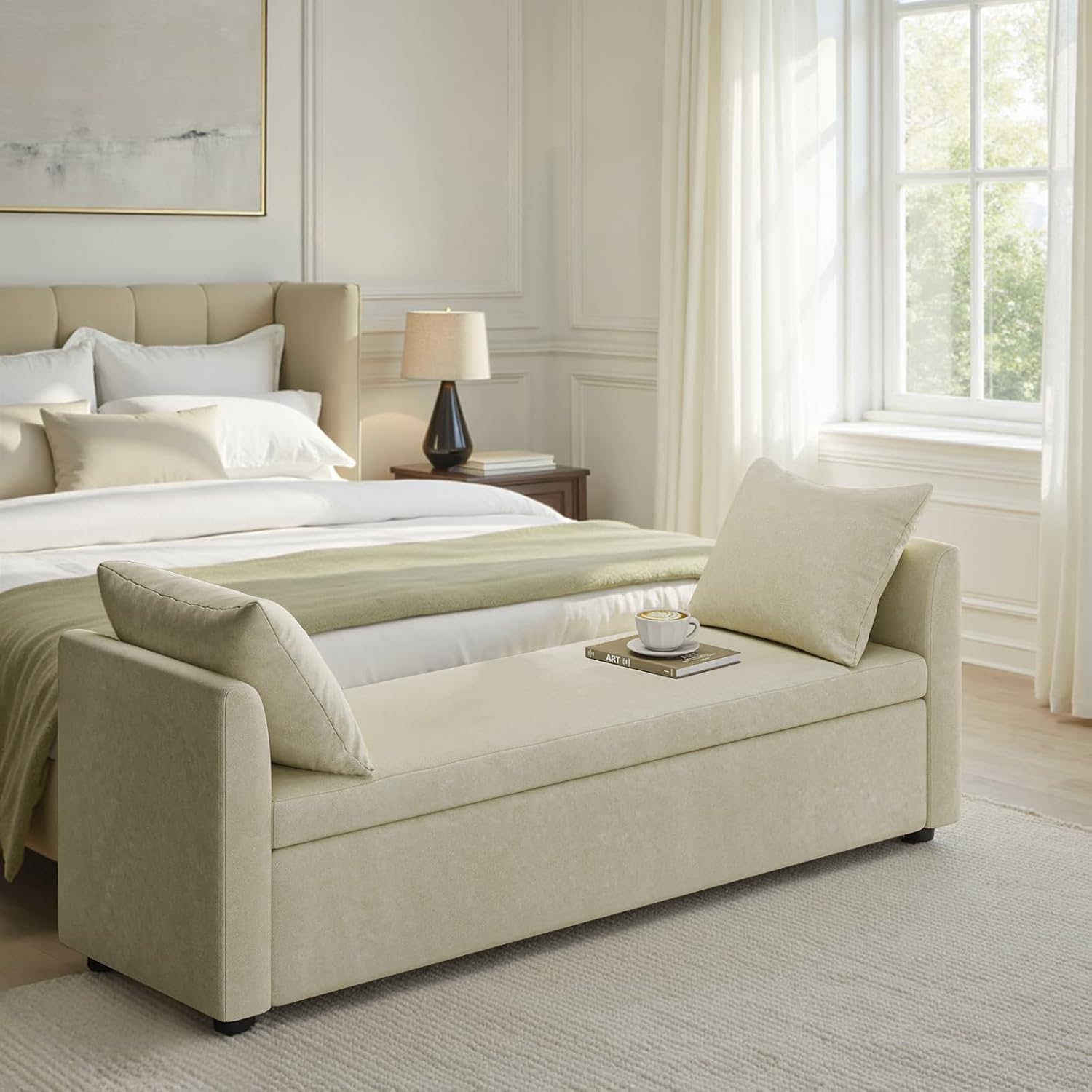 59.5 Modern Storage Ottoman Bedroom Bench, End of Bed Bench with Arms and Throw Pillows, Footrest Stool for Living, Dining Room, Entryway and Hallway, Beige