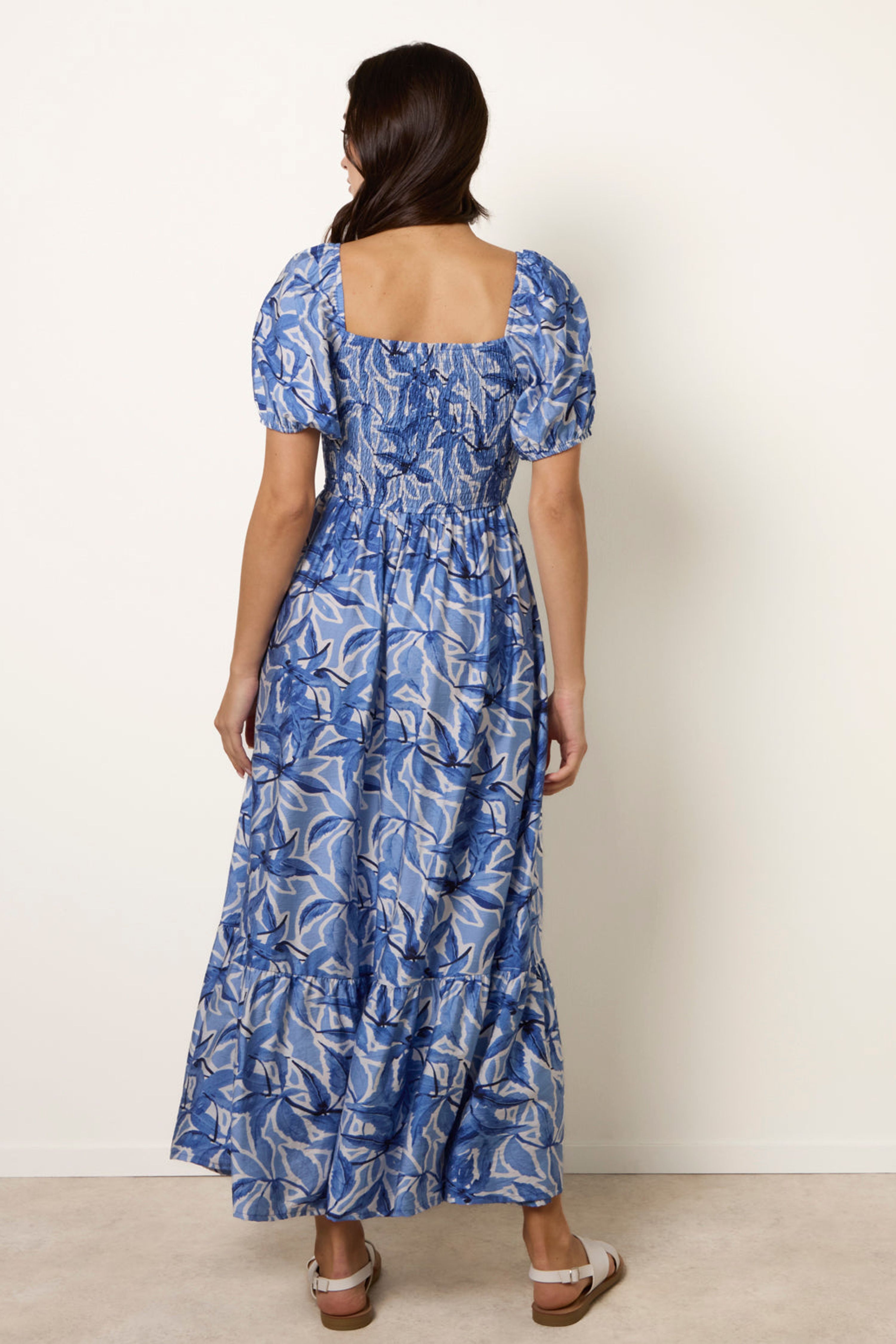Blue Vanilla Blue Large Floral Printed Square Neck Puff Sleeve Dress