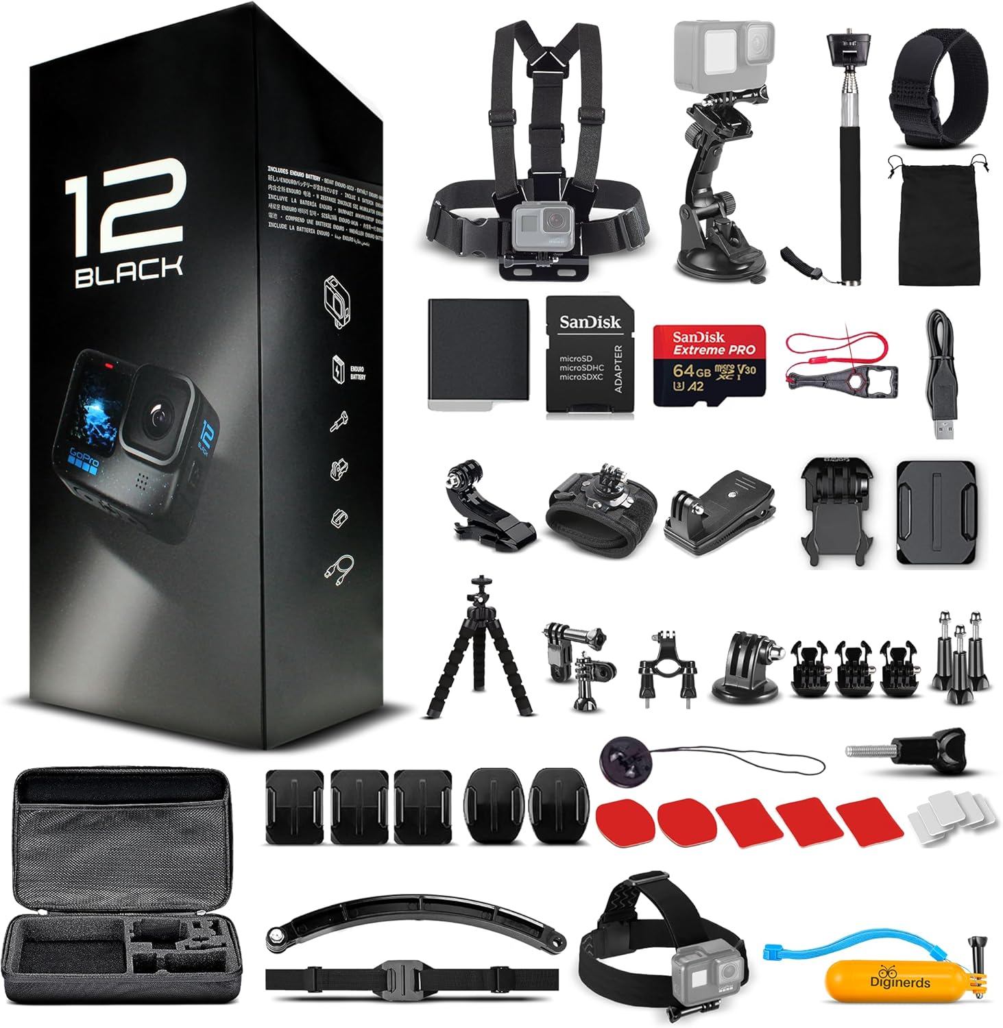 GoPro HERO12 (Hero 12) Black - Waterproof Action Camera with 5.3K HDR Video  27MP Photos  1/1.9 Image Sensor  Live Streaming  Webcam  Stabilization + 64GB Card & 50 Piece Accessory Kit - Bundle