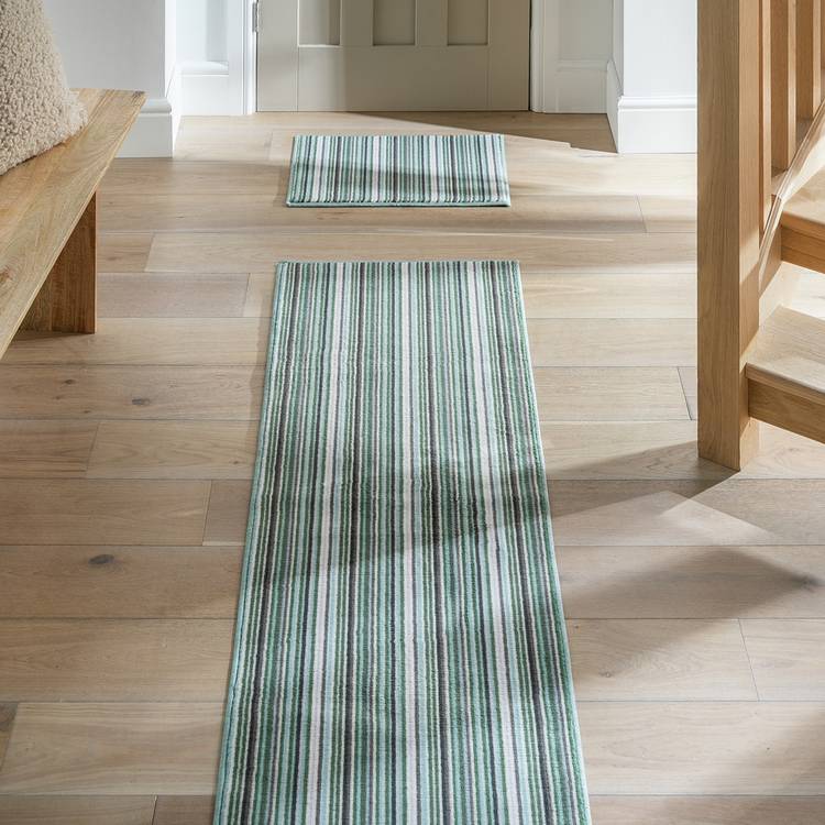 Habitat Skinny Stripe Green Runner & Mat Set - 180x57cm