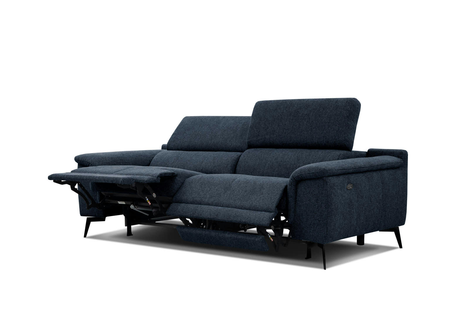 FIERO - Canapé droit 3 places XXL avec 2 relax électriques tissu bleu foncé