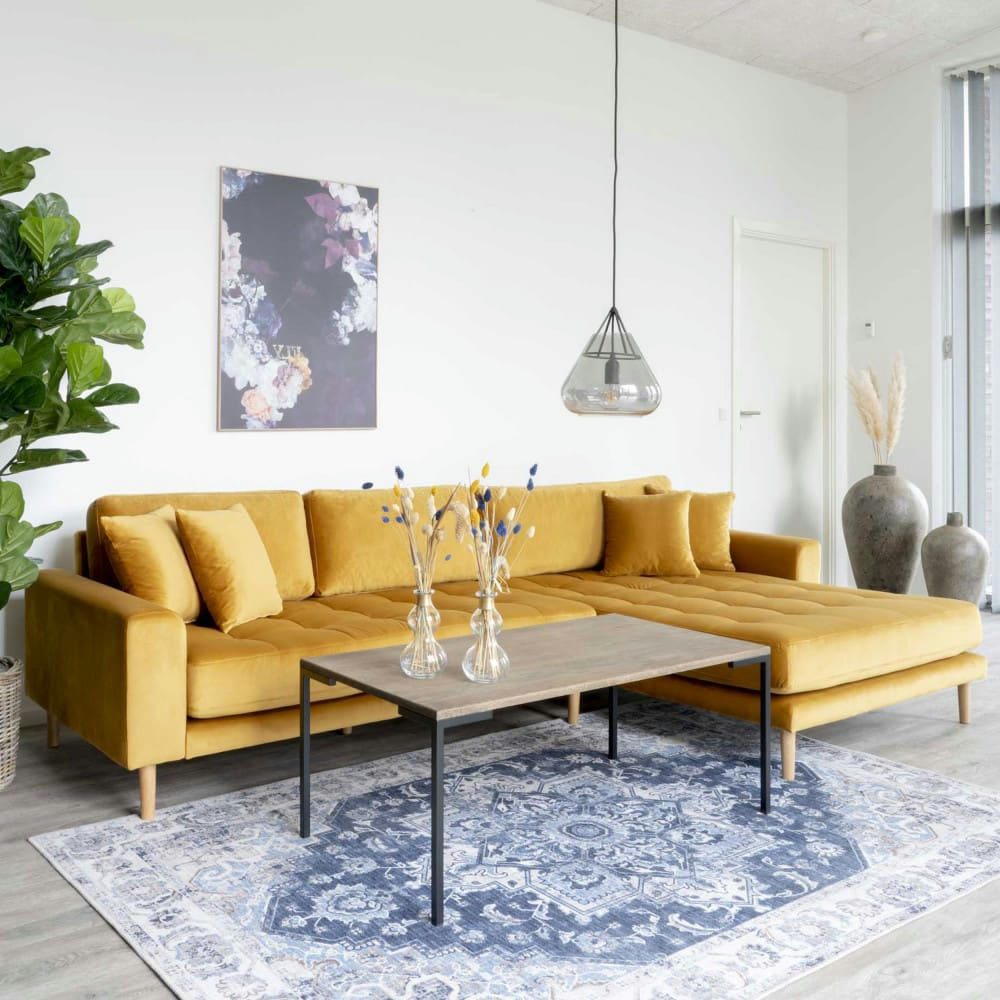 LIDO - Canapé d'angle droit 4 places en velours jaune moutarde