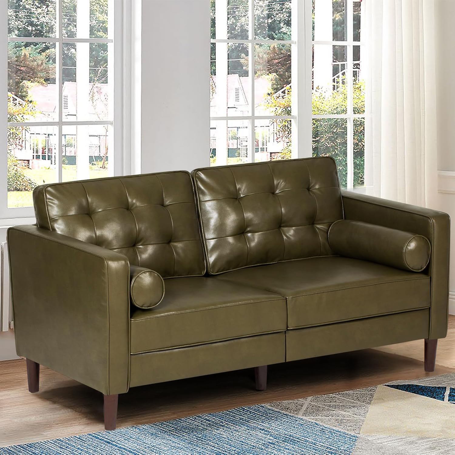 67 Premium Faux Leather 2-Seater Sofa with 2 Bolster Pillows and Tufted Backrest, Mid-Century Modern Loveseat Sofa, Luxury Couch for Living Room, Bedroom, Office, Olive Green