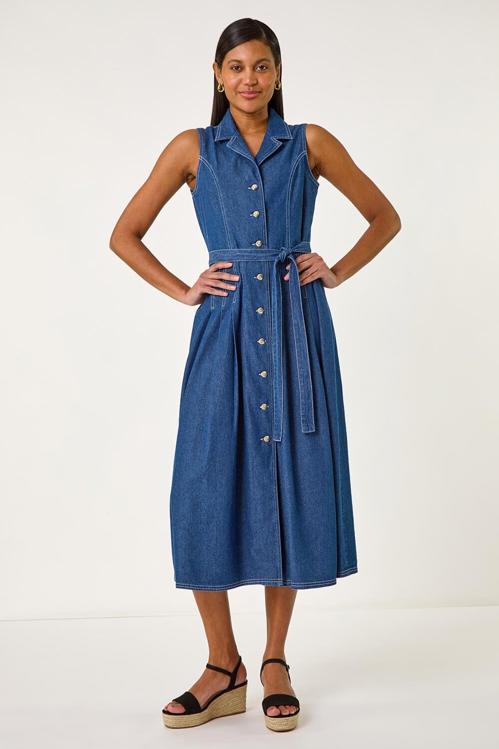 Roman Denim Button Through Midi Dress