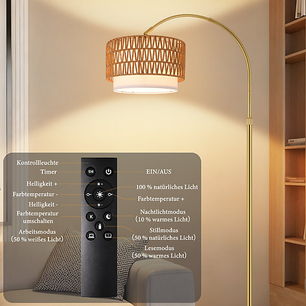 Lampadaire Nettlife boho en rotin avec telecommande LED E27 style vintage hauteur reglable 165 a 180 cm dore