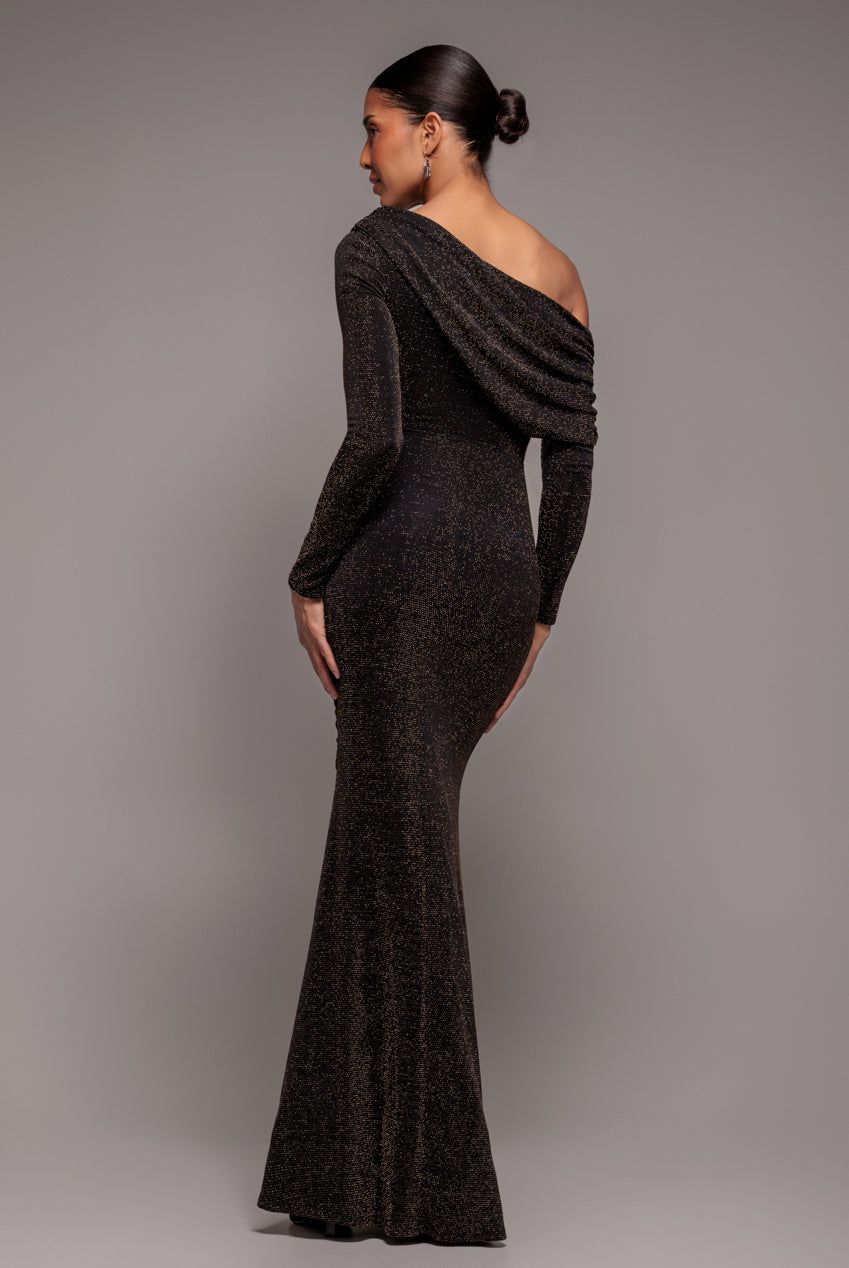 Goddiva Off The Shoulder Gathered Panel Sparkle Lurex Maxi Dress