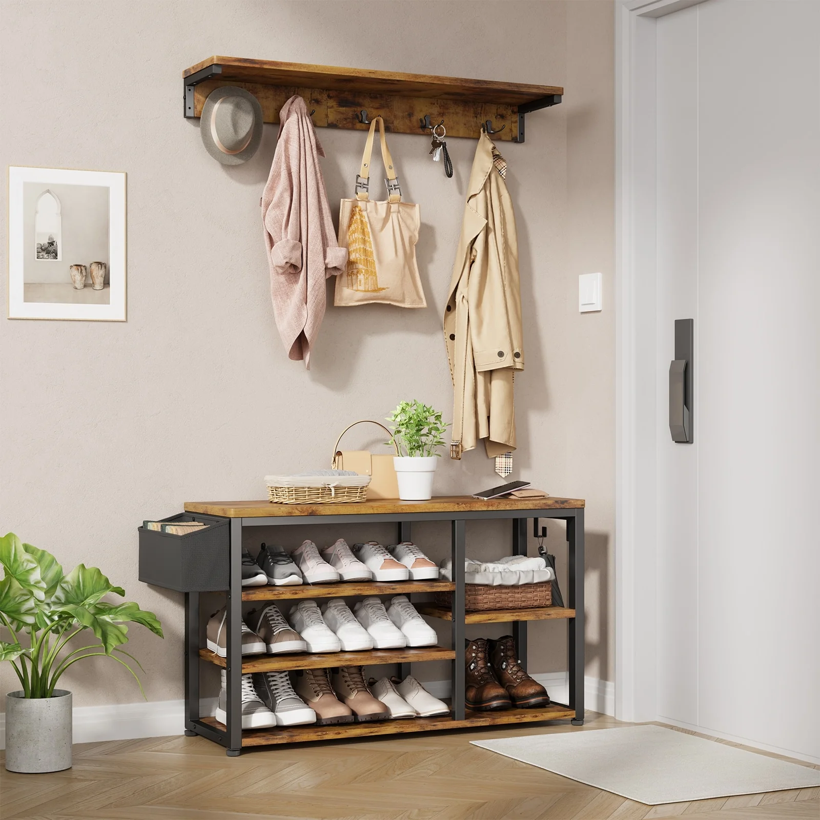 Industrial Hall Tree with 6 Hooks, Entryway Bench with Shoe and Coat Racks