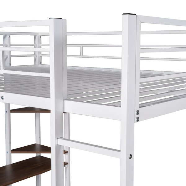 Full Size Metal Loft Bed with 2 Shelves and one Desk