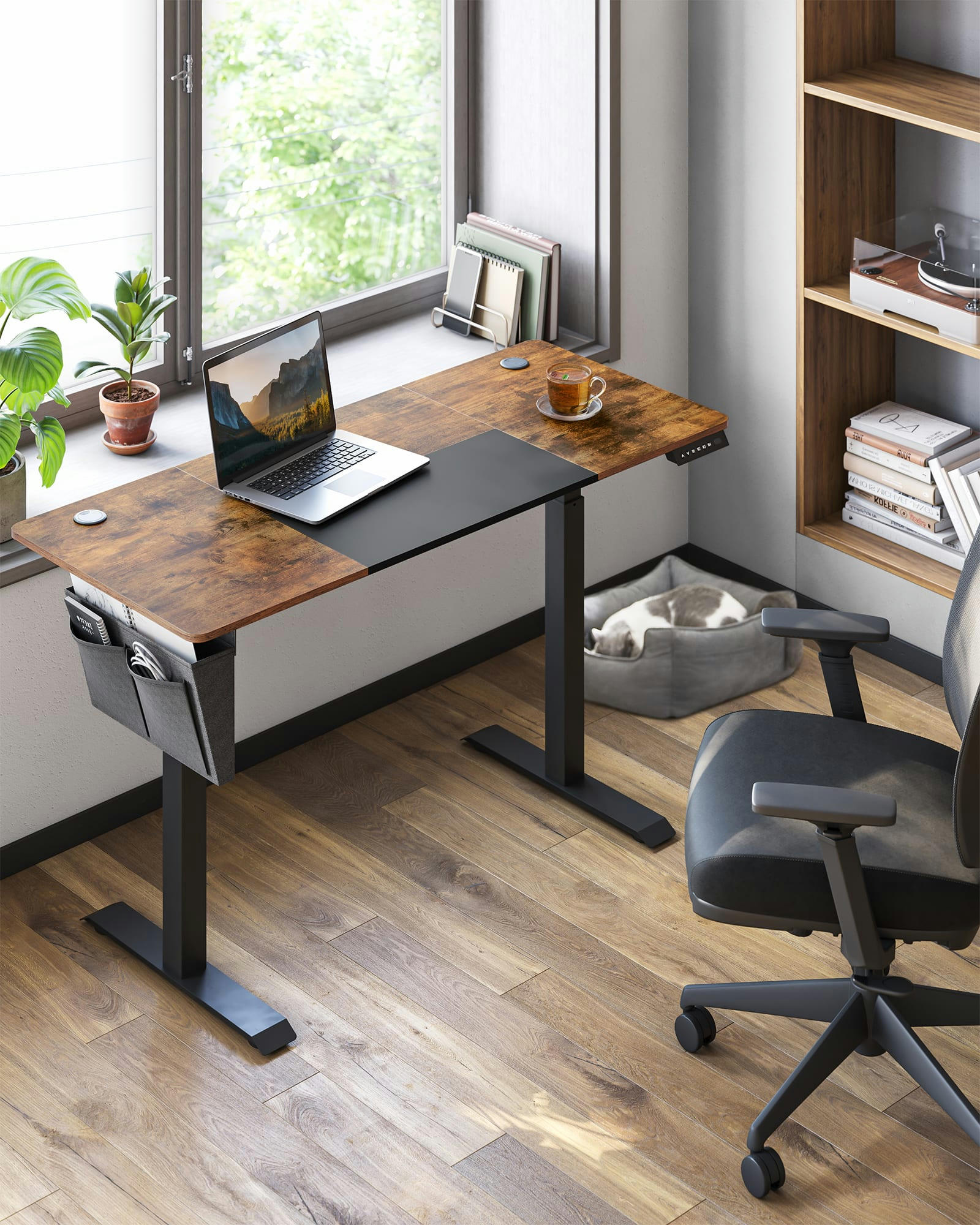 - Bureau assis-debout 140 cm effet bois marron rustique