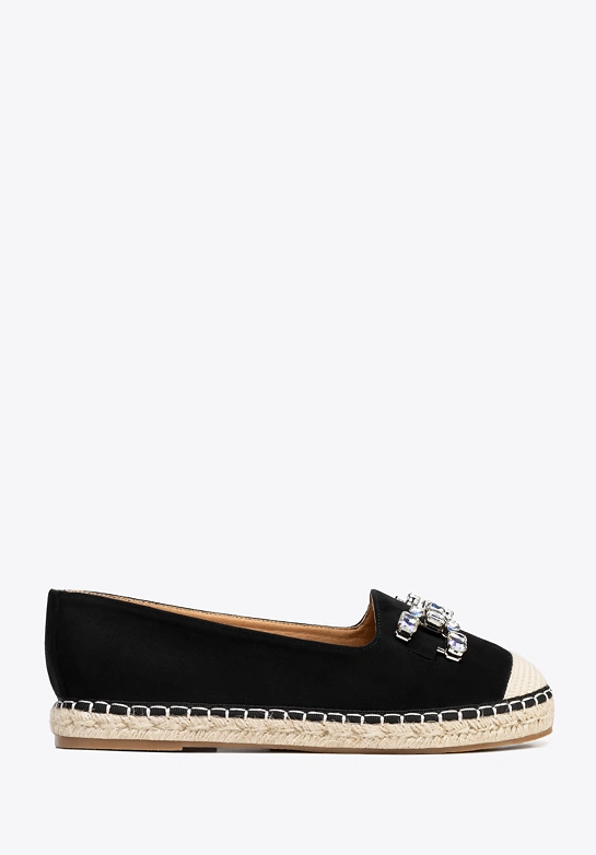 Damskie espadryle z biżuteryjną ozdobą czarno - beżowe