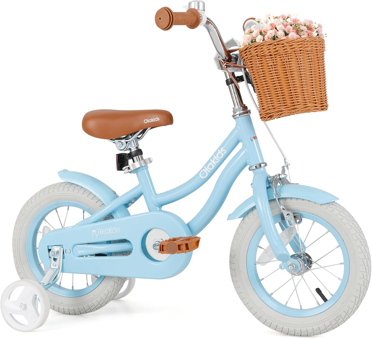 Olakids Kids Bike, 12 14 16 18 20 Inch Toddlers Bike with Training Wheels Rattan Basket Safety Bell Adjustable Seat and Handlebar, Children's Bicycle for Girls Boys