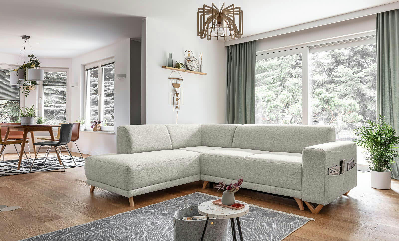 BELLA - Canapé d'angle gauche convertible 5 places en tissu beige