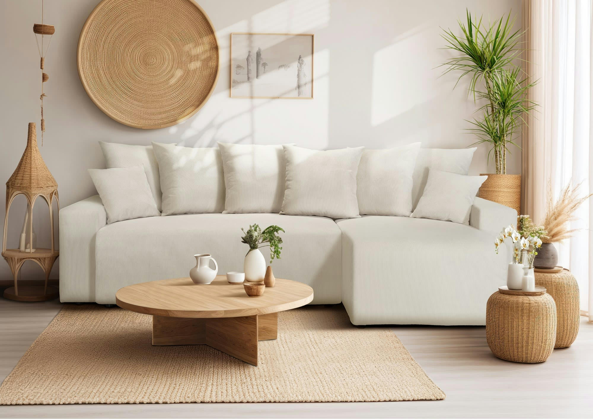 ARTHUR - Canapé angle convertible 3 places  en velours côtelé beige