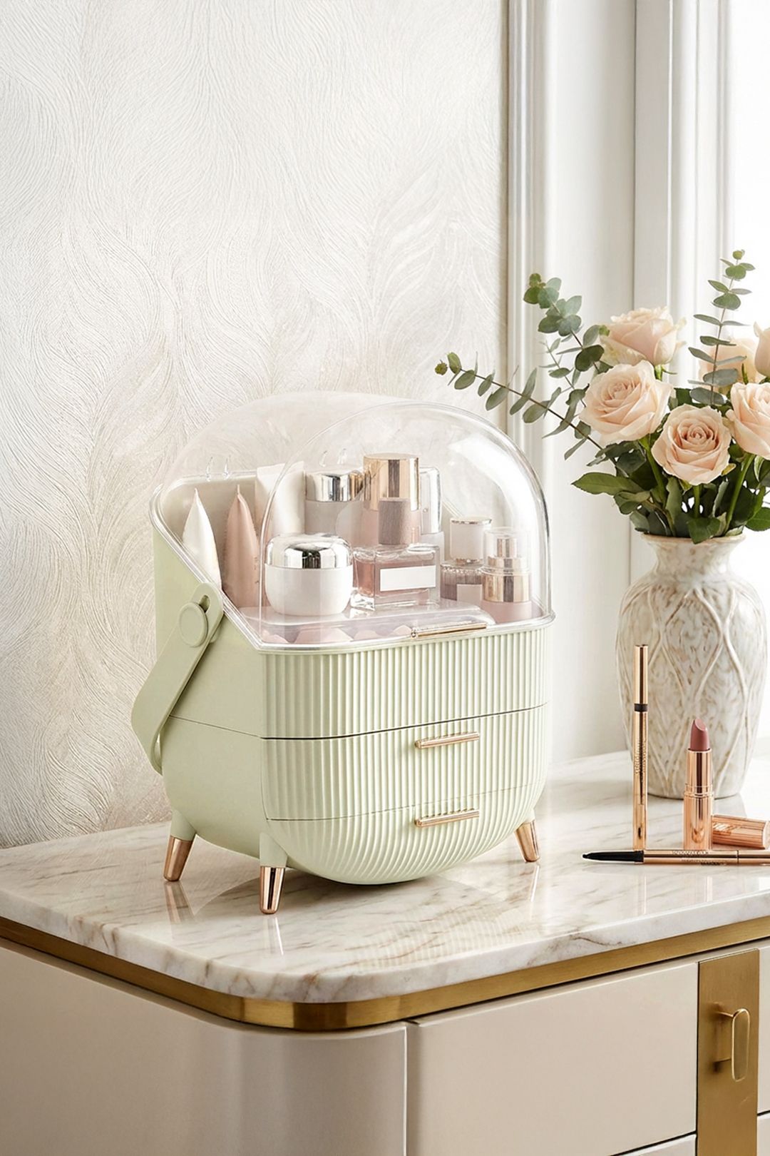 SHEONLY Countertop Portable Oval Makeup Storage Box