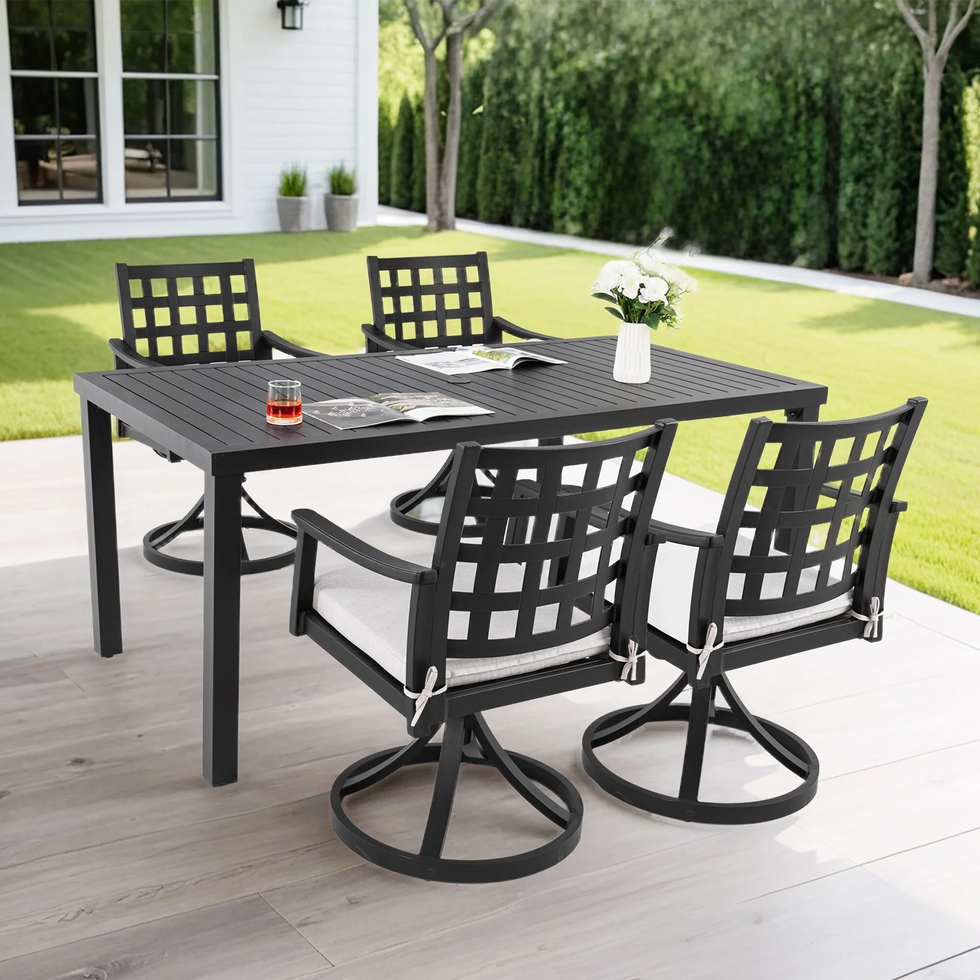 5-Piece Premium Outdoor Dining Set – Modern Rectangular Table & Four Swivel Rock Chairs in Textured Ember Black