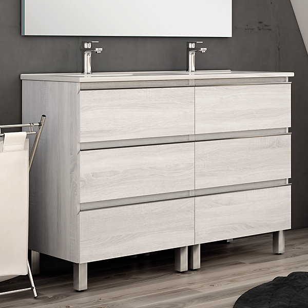 Ensemble meuble de salle de bain 140cm double vasque   colonne de rangement PALMA - hibernian (bois blanchi)