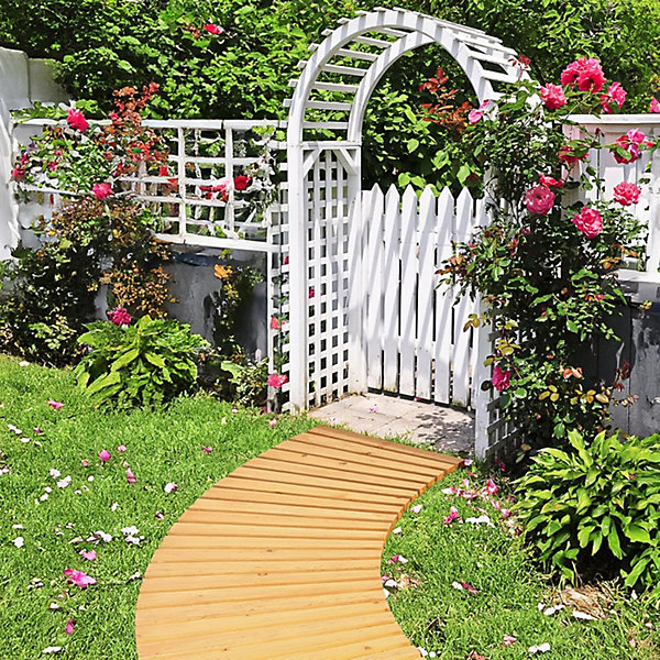 Allée de Jardin Incurvée en Bois, Chemin Extérieur avec Surface Antidérapante, Naturel