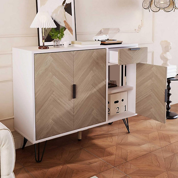 Meuble de rangement moderne blanc et bois, avec tiroir et étagères réglables, 90x30x71,5 cm