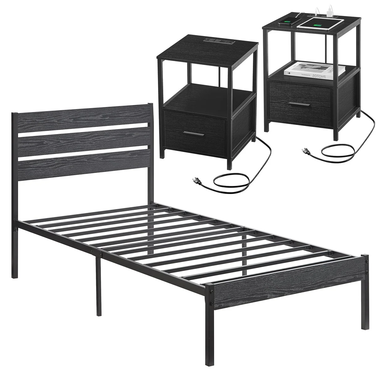 Javlergo 3-pieces Bedroom Set Queen Size Bed and 2 Nightstands with Charging Station USB Port