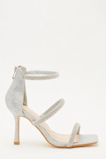 Quiz Silver Shimmer Three Band Flared Heel Sandals