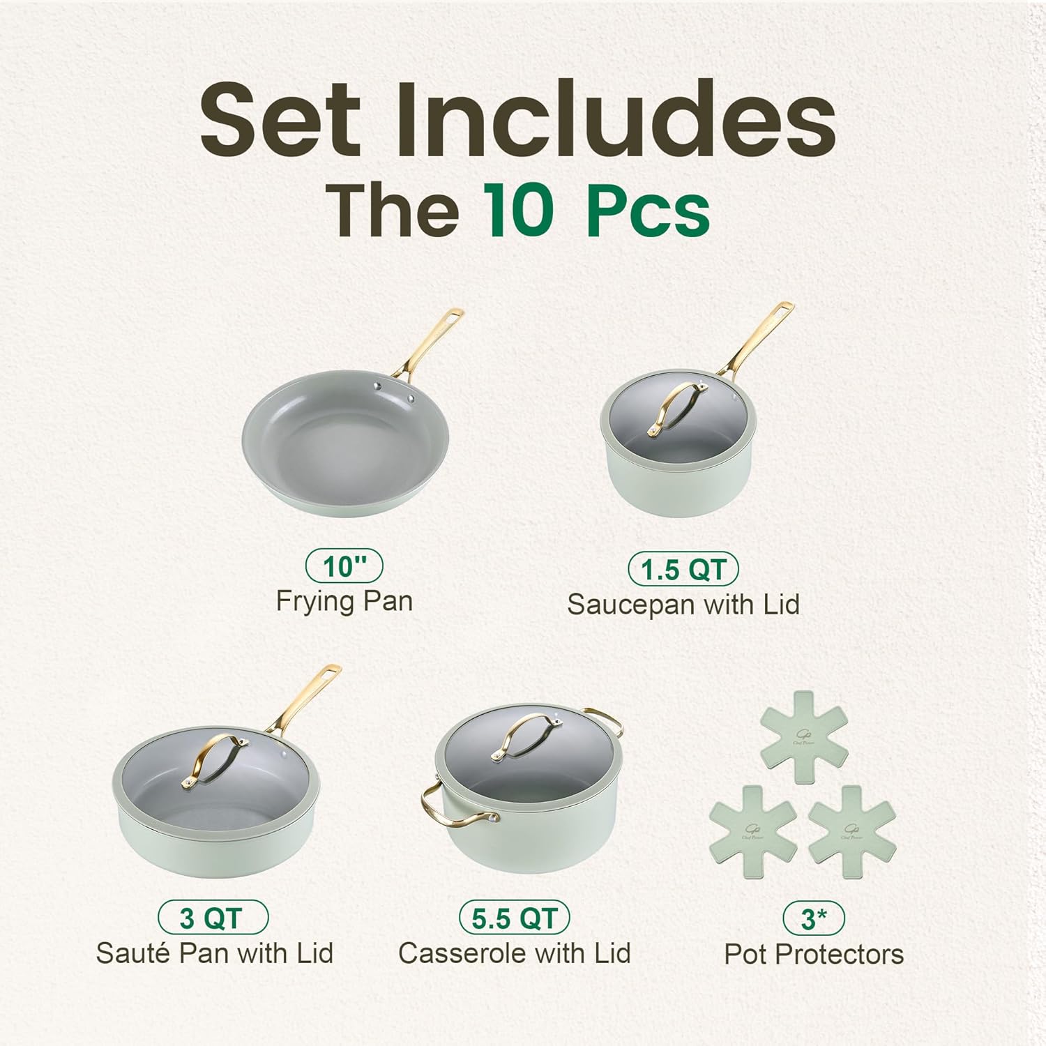 Chef Power Ceramic Cookware Sets, 10Pcs Pots and Pans Set Non Stick, Cookware Set with Stainless Steel Handle, Dishwasher & Oven Safe, Sage Green and Granite Grey