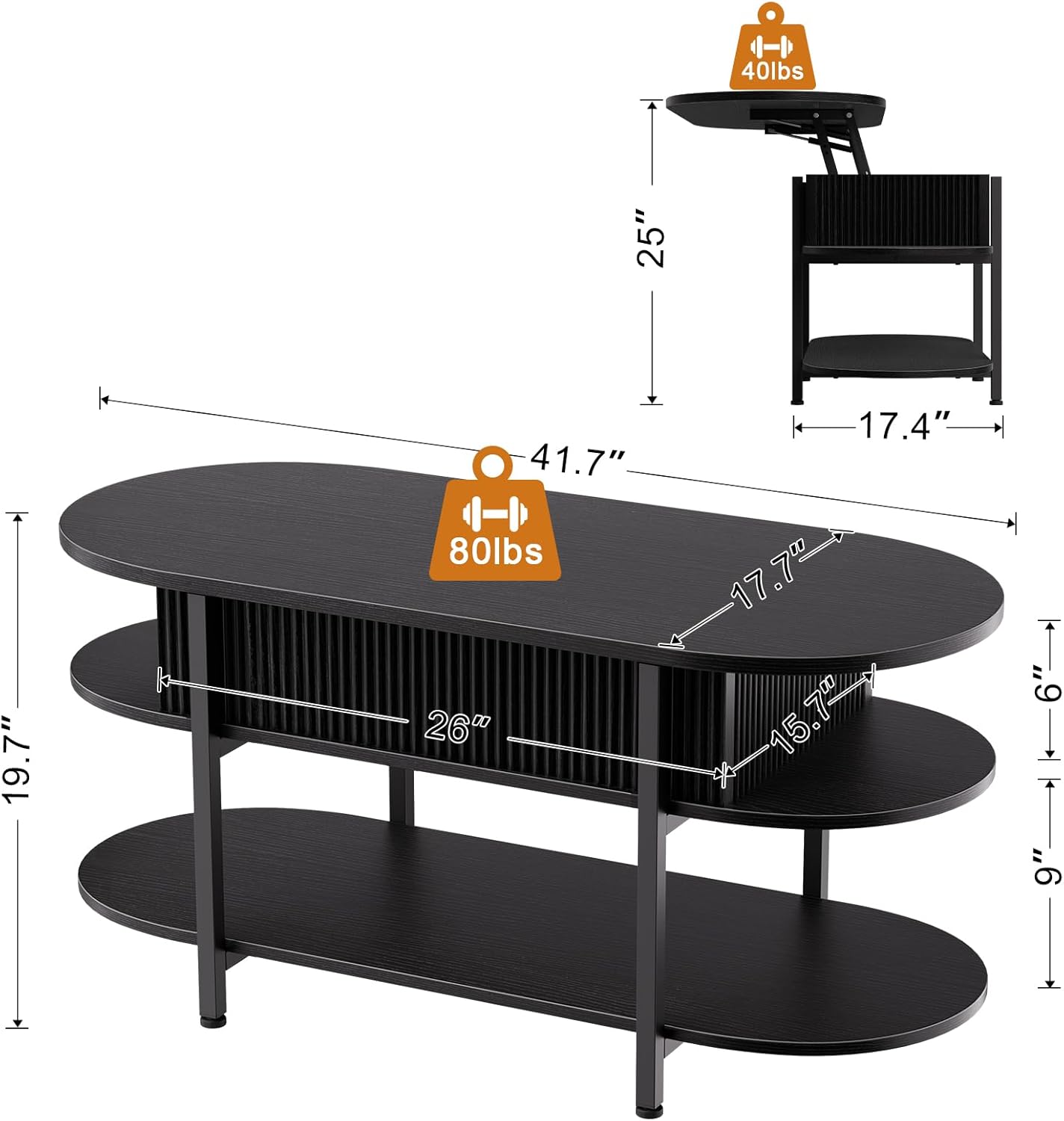 FABATO 41.7 Oval Lift Top Coffee Table, Fluted Wood Center Table with Hidden Storage, 3 Tier Small Tables with Curved Edge, Modern Narrow Coffee Table for Living Room Reception Room, Black