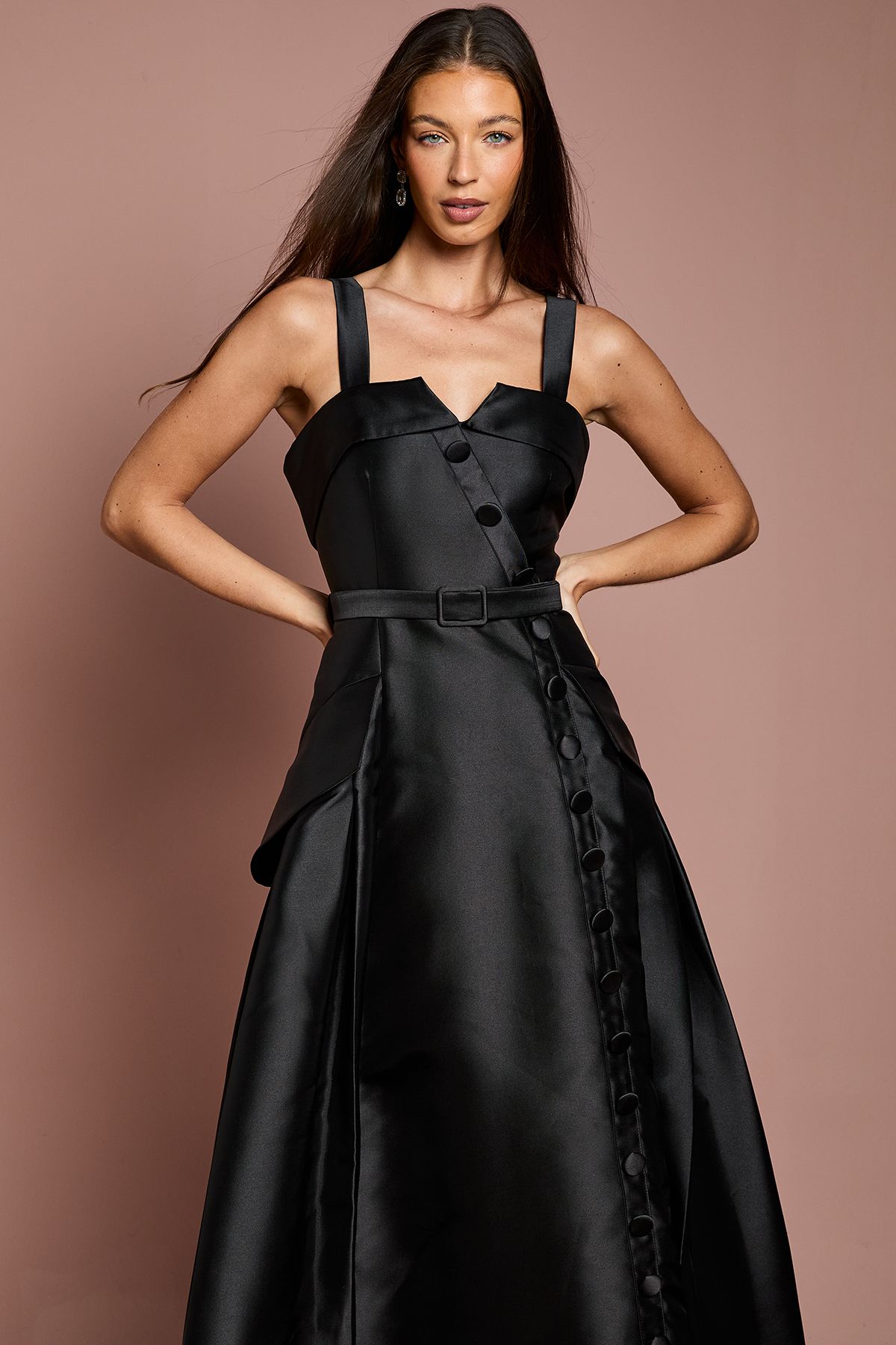 Coast Lisa Tan Twill Volume Belted Midi Dress