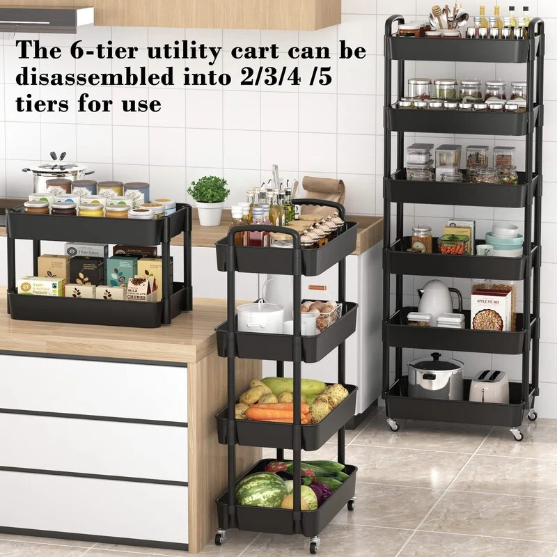 6 Tier Plastic Rolling Utility Cart with Handle, Multi-Purpose Storage Cart, Removable Storage Box, - 6-tier