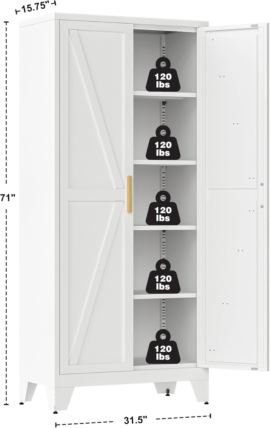 QINPTWUT 71 Storage Cabinet with Doors and Shelves, Tall Pantry Cabinet in White with 2 Doors & 4 Adjustable Shelves, All-Steel Farmhouse Cupboard for Kitchen, Living Room,Home Office,Garage