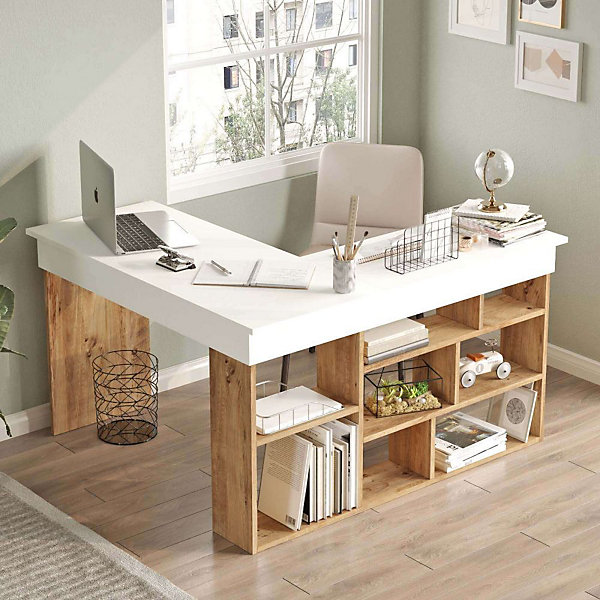 Bureau d'angle avec rangements - Coloris : Blanc et naturel - LILEUL
