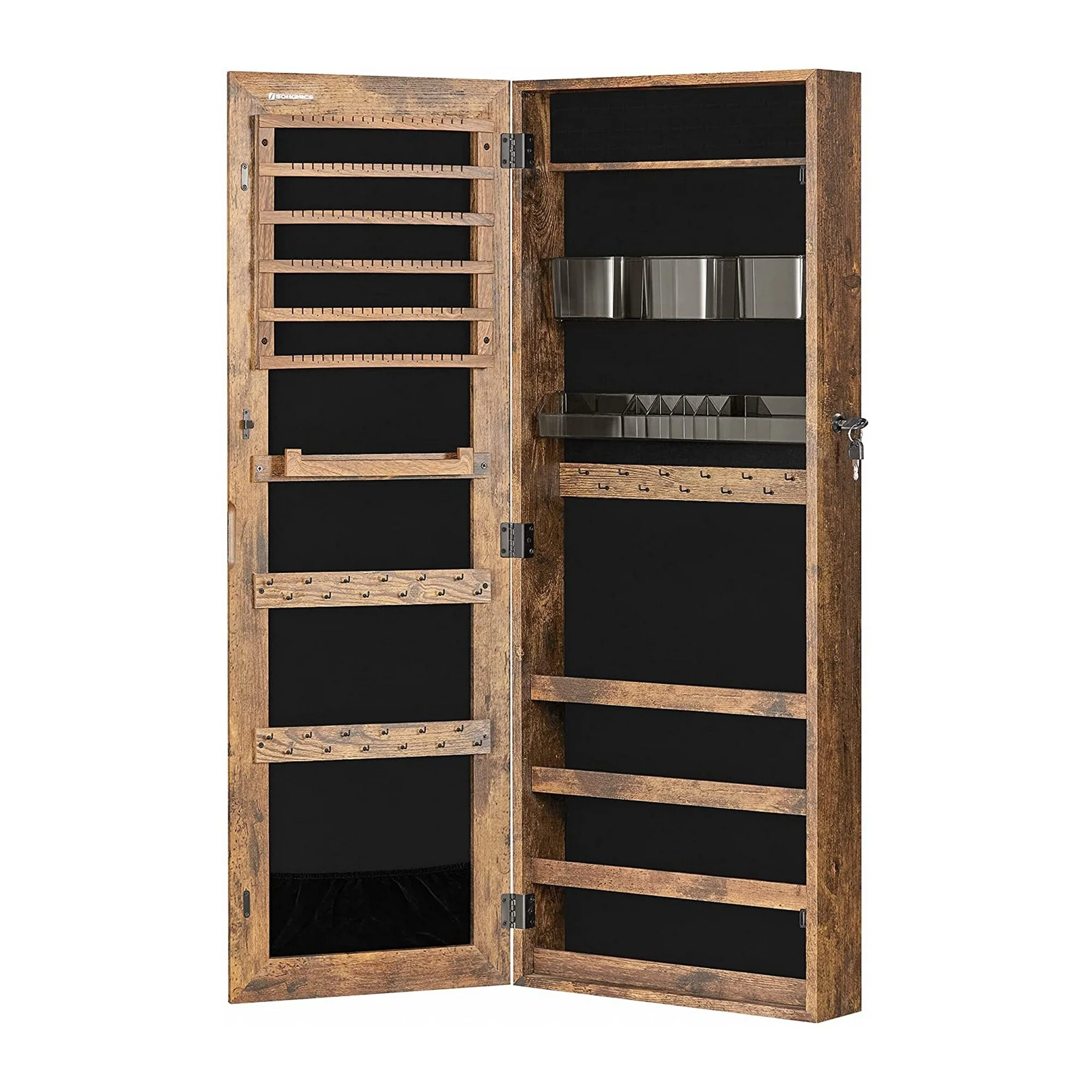 Max 42 Inch Wall Mount Jewelry Armoire, Mirrored Panel, Wood, Rustic Brown